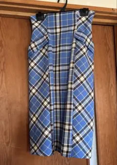 青系チェック柄 タイトスカート ひざ丈