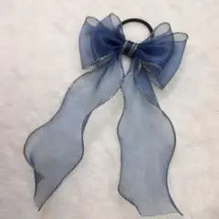 キッズ ヘアゴム 大きめリボン 縁ゴールド ネイビー B品