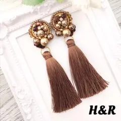 659 一点物 ビーズ刺繍 ハンドメイド ピアス ブラウン 大ぶり 円形 パール