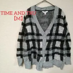 TIME AND TRU【M】チェック柄長袖カーディガン 古着 グレー ニット