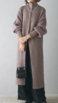 ロングタートルネックニットカーディガン モカ