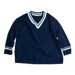 ネイビー Vネック ケーブル編み セーター Lサイズ