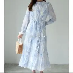 ②りぼん付きフリル装飾トワルドジュイプリントプリーツワンピース ブルー M 春