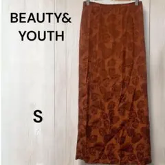 ビューティーアンドユース ロングスカート タイト　植物柄　葉っぱ　ブラウン　S