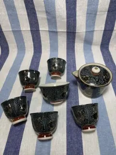 062 九谷焼　茶器セット　宝瓶1  湯冷まし1   湯呑5   青粒　未使用
