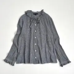 agnes b. 日本製 ギンガムチェックフリルカラー ブラウス 40コットン