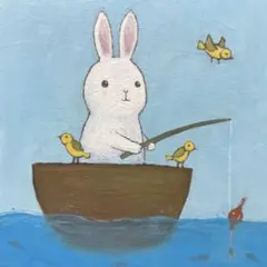 自作絵画　みんなで釣りに出かけよう　うさぎと小鳥の絵