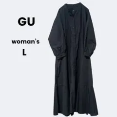 黒 シャツワンピース ロング丈 フレア GU 七分袖 羽織り 体型カバー 春 秋