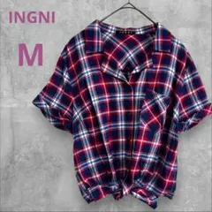 イング シャツ ネルシャツ ブラウス 半袖 チェック 赤 ネイビー M 美品のサムネイル