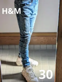 H&M エイチアンドエム スキニーデニム 青 30ダメージ加工