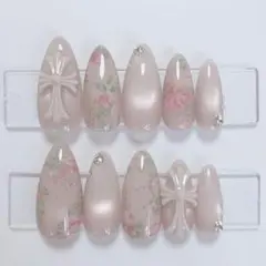 【現品】ネイルチップ 韓国風 マグネット シンプル クロムパーツ ベージュピンク