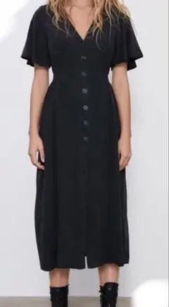 ZARA ザラ Vネック 半袖 フロントボタンシャツワンピース ブラック M