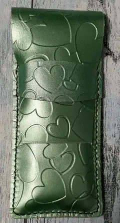 レザーペンケース メタリックグリーン黒ステッチ ハンドメイド