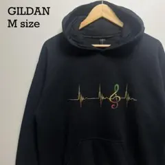 GILDAN ト音記号 心電図 グラフィック プルオーバーパーカー ブラック M