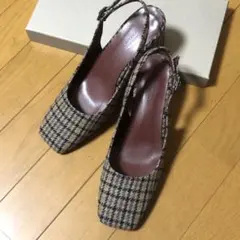 スクエアトゥ バックストラップ　パンプス チェック柄　ユナイテッドアローズ