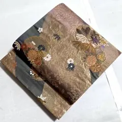 A◆着物くつろぎ 雪輪に花模様 金糸 松竹梅 桜 六通 正絹 袋帯 79