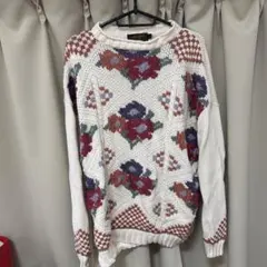 ネセサリー ハンドメイドニット コットン100% 花柄 ハイネック 香港製