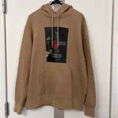H&M メンズ 長袖 パーカー 裏起毛 プリント ブラウン L