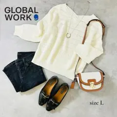 GLOBAL WORK 透かし編みニット L オフホワイト 春秋コーデ