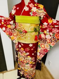 振袖 フルセット袷 桜 手鞠 金糸 染め分け 赤 正絹 名品のサムネイル