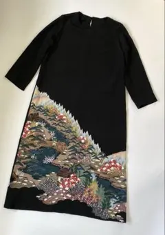 ハンドメイド　着物リメイク　ワンピース　風景刺繍 長袖　 黒
