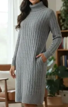 超美品✨ ケーブル編み タートルニット タイトワンピース グレー M スリット入