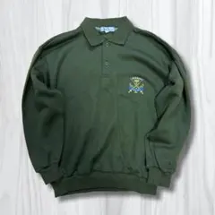 刺繍ロゴ入り グリーン ポロスウェット襟付きトレーナー｜古着 ユニセックスメンズ
