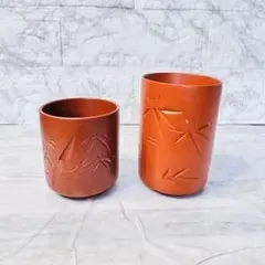 新品　常滑焼 夫婦湯呑 2客セット 朱泥 竹模様 彫刻 湯飲み 茶道具 伝統工芸