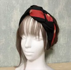 和風編み込みターバン　着物リメイク　クロスターバン　ヘアバンド　ブラック＆茜色