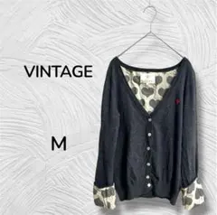 【ヴィンテージ】長袖 カーディガン ハート リボン コットン グレー M