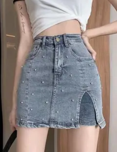 Honeyspot ラインストーン詳細 スリットヘム デニムスコート　shein