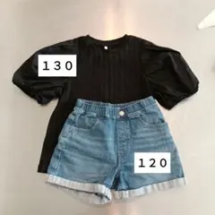 パフスリーブ 黒 半袖Tシャツ　デニム　ショートパンツ