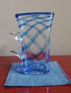 作家物　花瓶 涼しげなガラス花瓶 　藍色模様　希少 ガラス工芸家　一点物