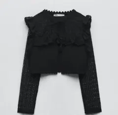 zara レース編みフリル付きブラックカーディガン