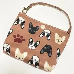 フレンチブルドッグ　犬柄　バッグポーチ　ブラウン　ハンドメイド