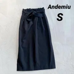 【アンデミュウ】ロングスカート ナロー (Ｓ) 黒 ウエストりぼん 大人可愛い