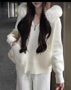 ホワイト フード付きファーコート