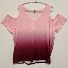 オフショルダー半袖Tシャツ 【XXL】ピンク グラデーション Vネック トップス