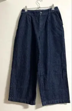 【514】GLACIER ダークブルー ワイドデニムパンツ　丈短め ウエストゴム
