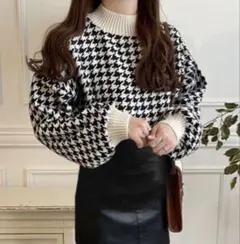 GRL千鳥格子柄モックネックプルオーバー ニット ブラック アイボリー