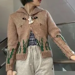 【至4/4】kastane 鳥紋樣 針織 卡車司機外套 粉色 手工針織