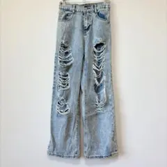 ノーブランド ダメージ デニムパンツ ストレート 160 青 お出かけ