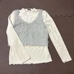 ニットシャギーベスト　長袖トップス 2点セット　ホワイト/グレー