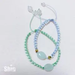 アクアマリン　ローズクォーツ　編みブレスレット　2本セット