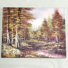 本物油絵】J.Medina作 秋の白樺林と川の風景画 高級油彩額装 16×20