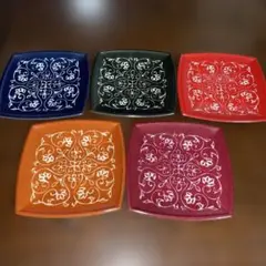 花模様 四角い皿 5色セット