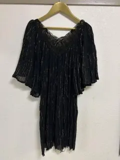 vintage dress 黒いプリーツ五分袖チュニック