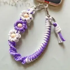 【ハンドメイド】パラコード お花のハンドストラップ｜スマホストラップ 白 紫