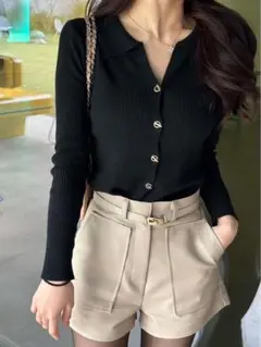 QUNG ユニークボタンリブニットtop ブラック ニット トップス