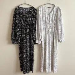 ワンピース　黒　白　シャーリング　デート　花柄　ドット　水玉